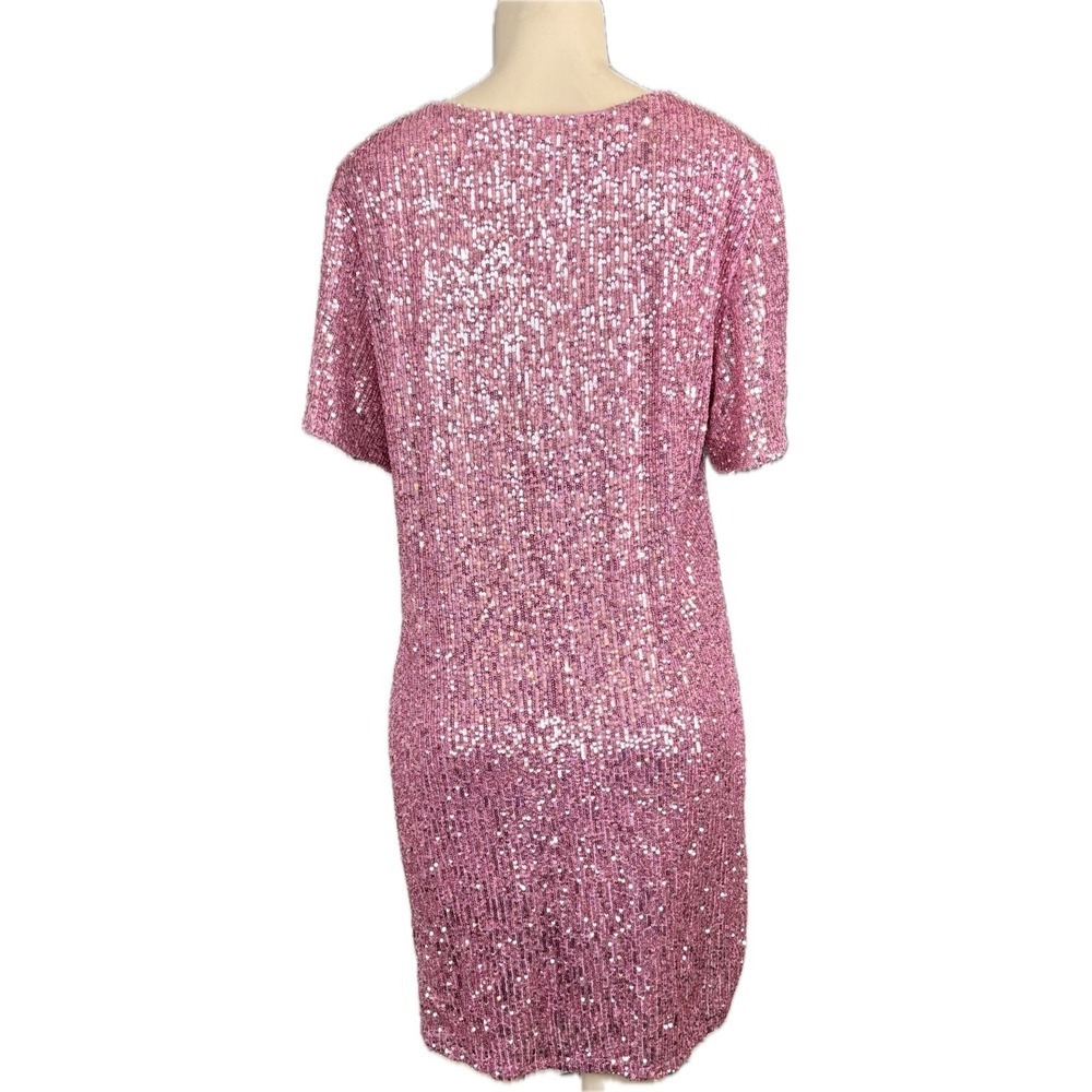 Betsey Johnson XXL Pink Mesh Sequin Crew Neckline Short Sleeve Shift Mini Dress - Picture 4 of 7